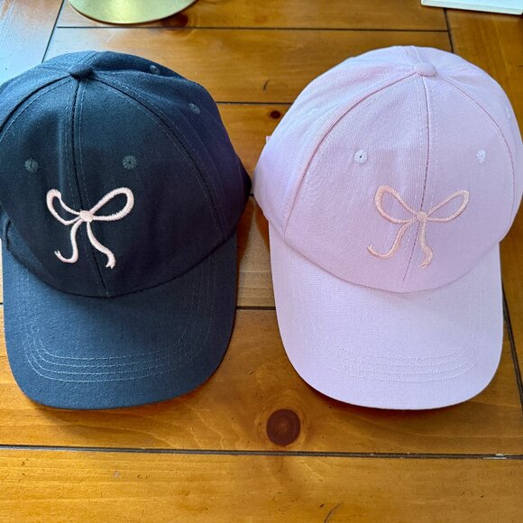NEW 2-Pc PINK BOW CANVAS ADJUSTABLE BASEBALL HAT 1 GRAY & 1 PINK - Picture 2 of 7